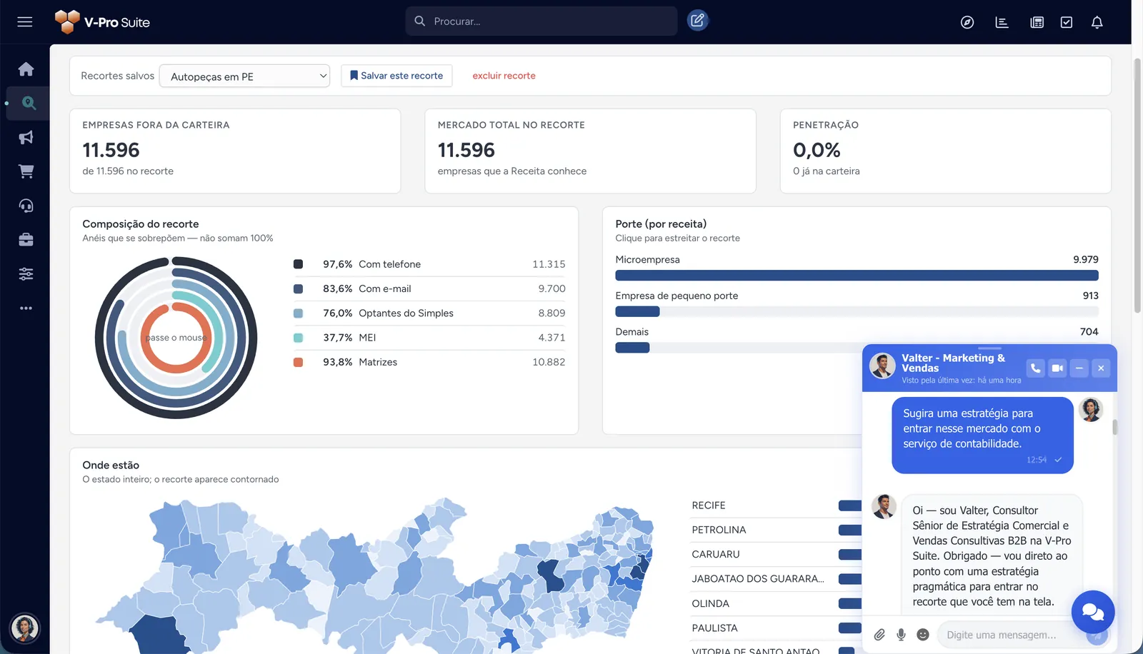 Painel de inteligência de mercado com mapa e agente de IA